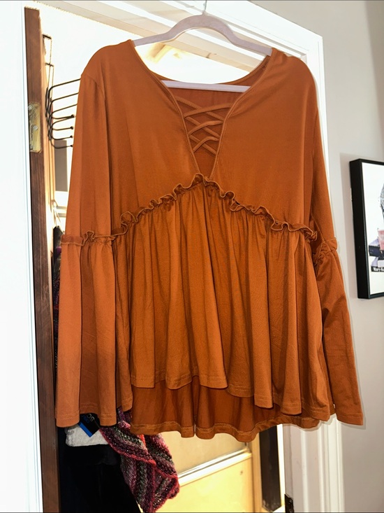 SHEIN Tops - SHEIN Rust Lace-Up Ruffle Tiered Long Sleeve Tunic two x poly spandex 2x new